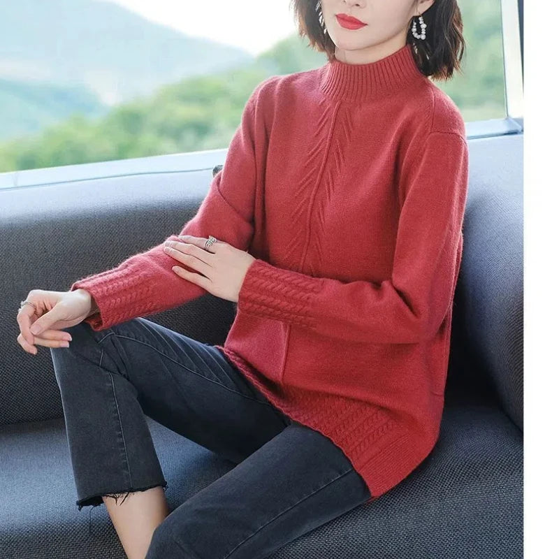 Women's Clothing Autumn Winter Round Neck Solid Color Pullover Long Sleeve Screw Thread Sweater Knitted Elegant Korean Tops