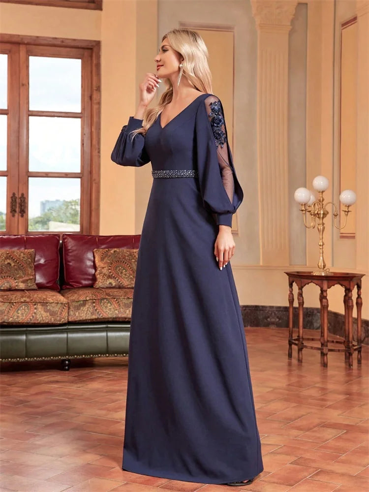 Luxury Empty Long Sleeves Applique Floor Length Evening Dresses Women Elegant Weedding Party V-neck Cocktail Gowns
