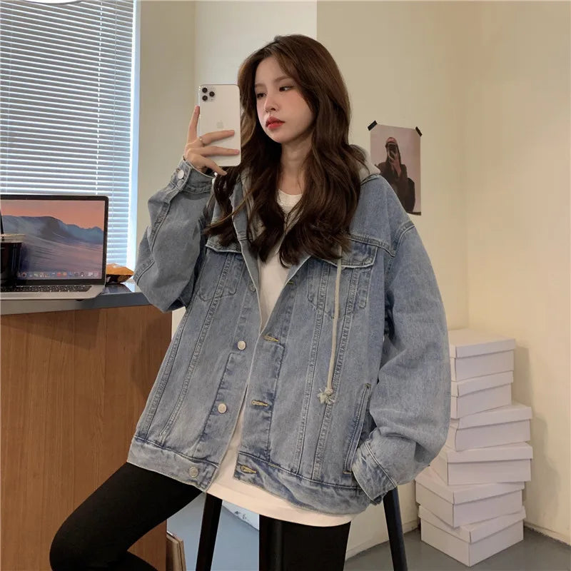 Women's Hooded Denim Jacket 2024 Spring Fall Collection Light Wash Korean-Inspired Oversized Casual Coat Trendy Streetwear Top