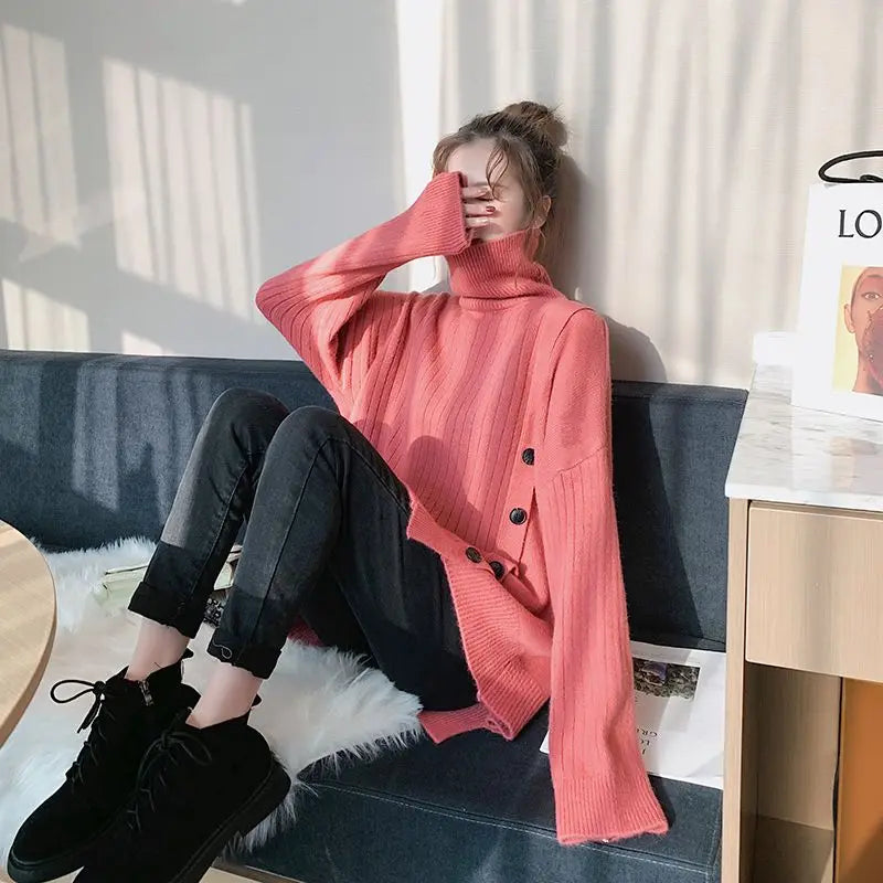 Autumn Winter New Fashion High Neck Mid Length Style Long Sleeve Women's Clothing Sweaters Korean Loose All-match Knitting Tops