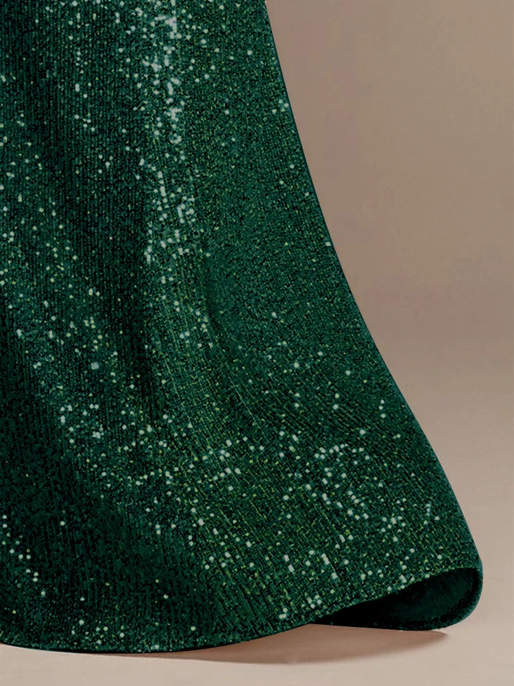 Luxury Green Floor Length V-Neck Evening Dresses Women Elegant Party Maxi Sequins Short Sleeves Prom Cocktail Gowns