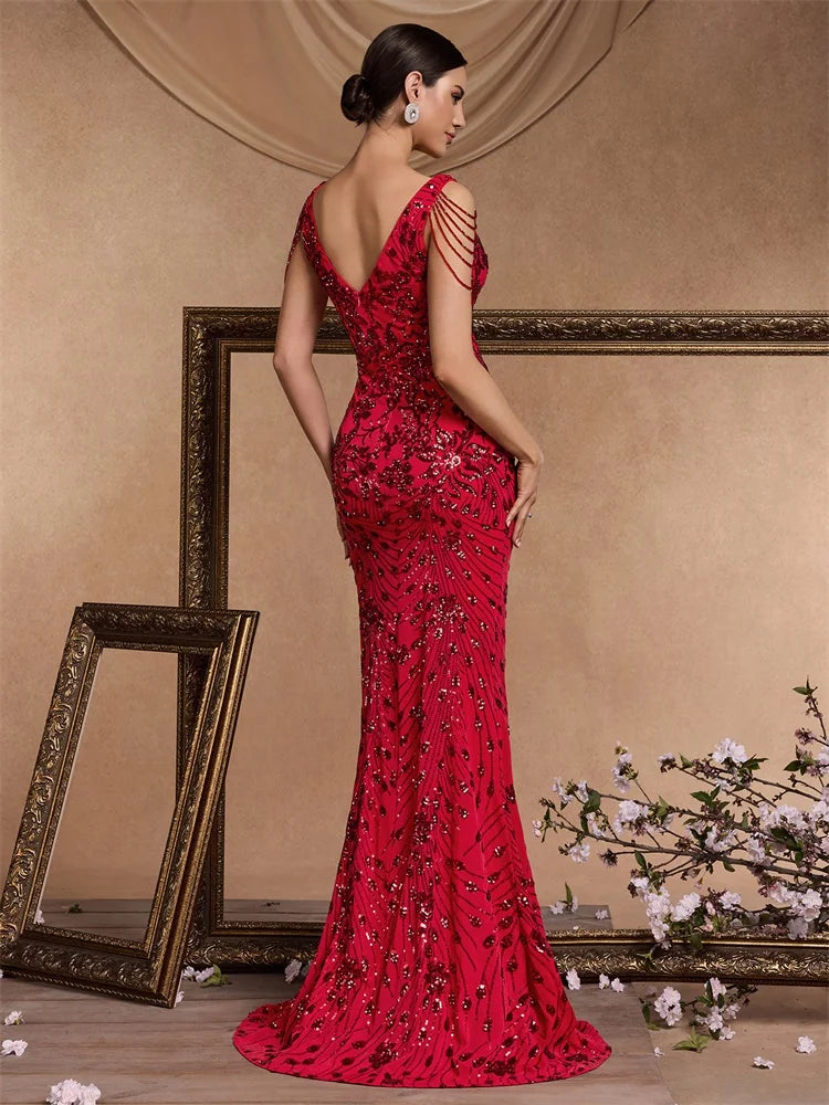 Elegant Deep V-Neck Red Sequin Formal Evening Dresses Women 2024 Beading Wedding Party Mermaid Cocktail Prom Gown