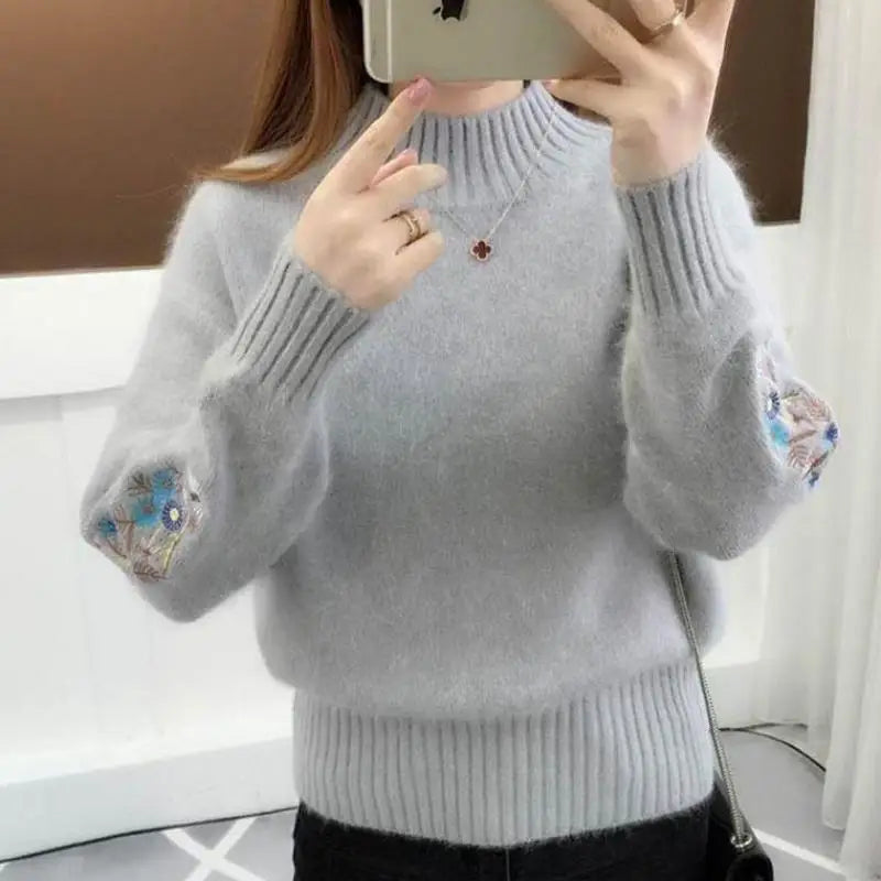Autumn Winter New Fashion Women's Solid Color Half High Collar Embroidery Versatile Pullovers Sweaters Casual Long Sleeve Tops