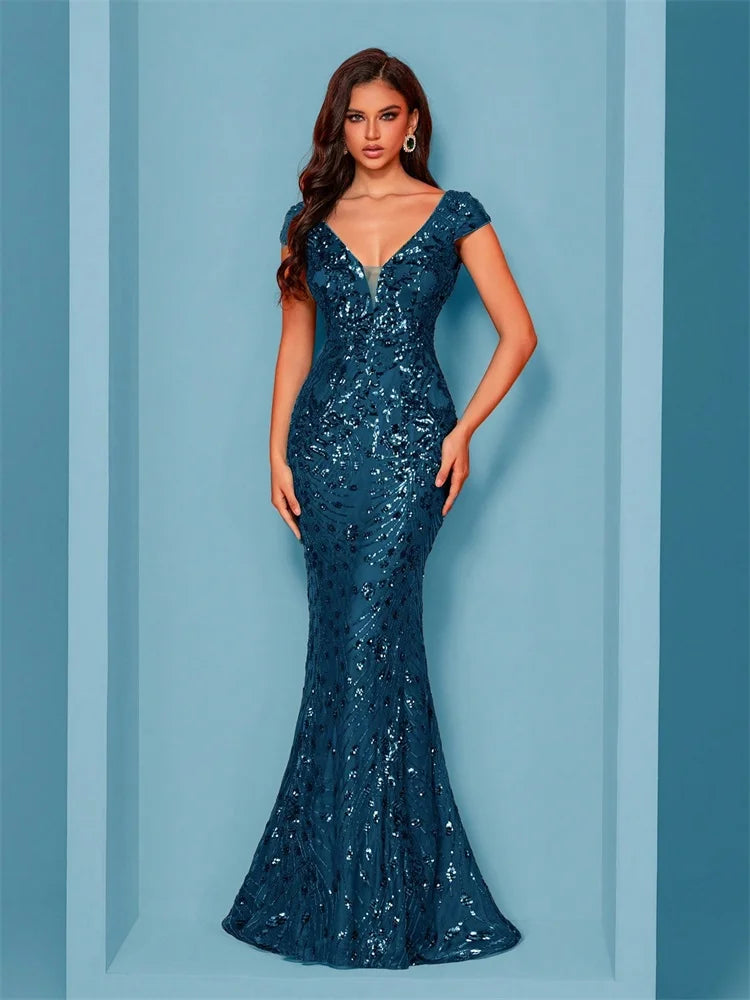 Elegant Blue Evening Dress For Women Long 2025 Luxury Mermaid Formal Sequins Prom Wedding Party Cocktail Dresses