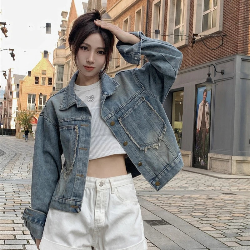 Denim Jackets Women Coats Single Breasted Short Coat Casual Loose Turn Down Collar Y2k Streetwear Mom Jeans Splice Jacket 2025
