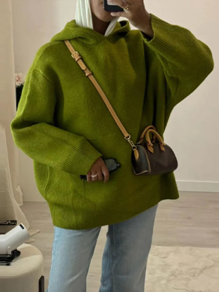 Fashion Lady Knitted Hoodies Sweater Long Sleeve Pocket Drop Shoulder Loose Solid Sweaters Autumn Winter Commuter All-match Tops