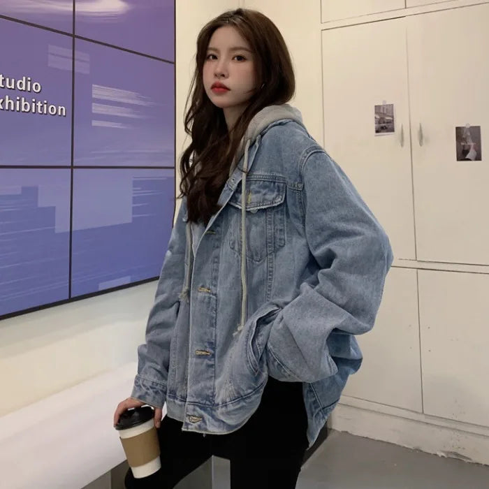 Women's Hooded Denim Jacket 2024 Spring Fall Collection Light Wash Korean-Inspired Oversized Casual Coat Trendy Streetwear Top