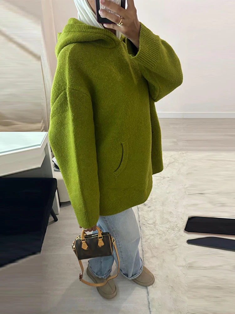 Fashion Lady Knitted Hoodies Sweater Long Sleeve Pocket Drop Shoulder Loose Solid Sweaters Autumn Winter Commuter All-match Tops