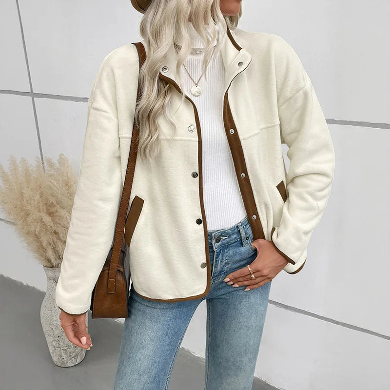 New Casual Jacket for Women's Fleece Short Fleece Stand Collar Casual Single Breasted Buckle Color Collision Jacket