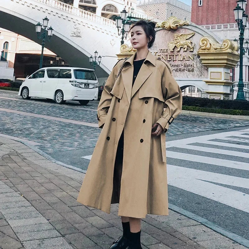 2025 Women British Style Windbreaker Streetwear Double Breasted Trench Coats Elegant Autumn Khaki Black Jackets