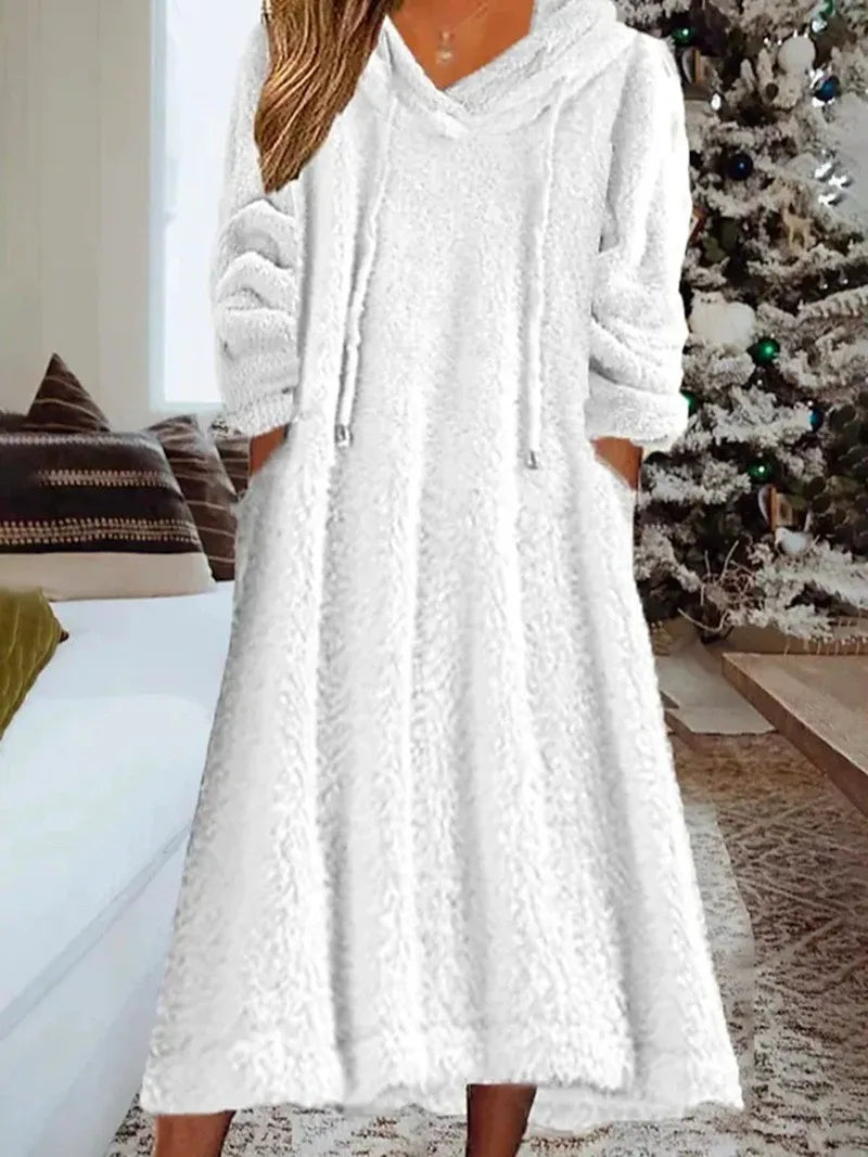 New Autumn Winter Casual Plush Hooded Long Sleeve Dress For Women Warm Home Wear Everyday Comfort Loose Maxi Dresses Robe Femme