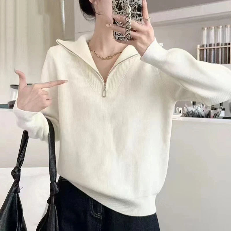 Fashionable Casual Simple Knitted Semi-zipper Solid Color Women's Long-sleeved Base Top Sweater