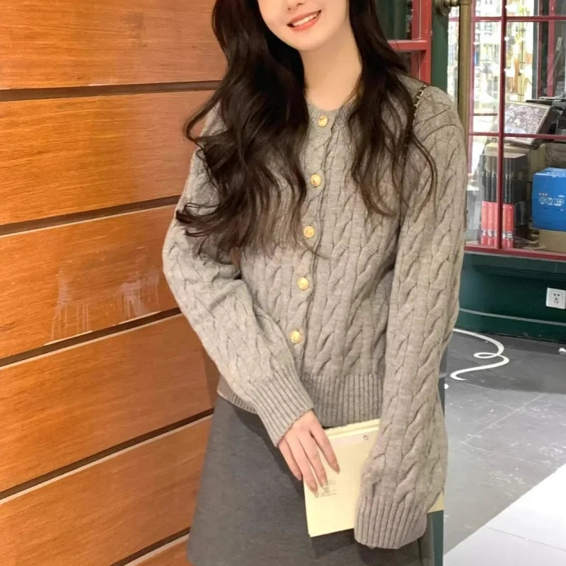 2025 Vintage Long Sleeve Cardigan Women Sweater O-neck Elegant Knitted Top Fashion Autumn Grey Knitwear
