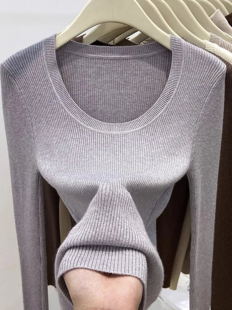 2025 Soft Warm Simple Base Layer Top Women's Autumn Winter New Slim Fit Sweater Solid Color O-neck Knitted Pullovers