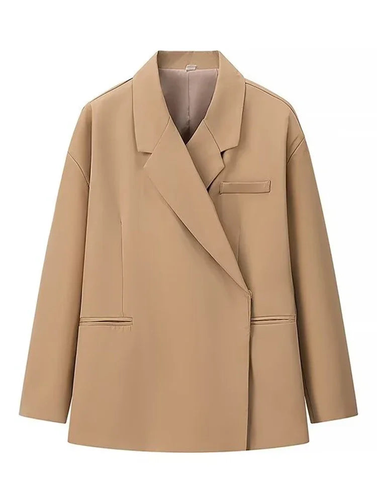 Casual Solid Women Blazer Coat Fashion Lapel Long Sleeve One Button Loose Outerwear Autumn Female Chic High Street Overcoat