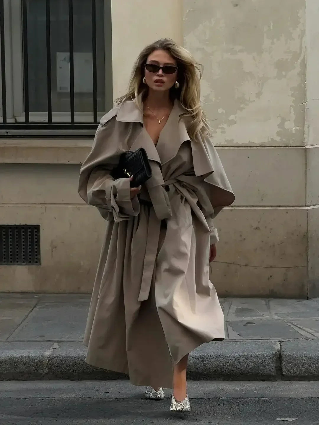 Solid Lace Up Long Trench Coat Women Chic Full Sleeves Lapel Single Breasted Loose Outerwear 2026 Lady Spring High Street Wear