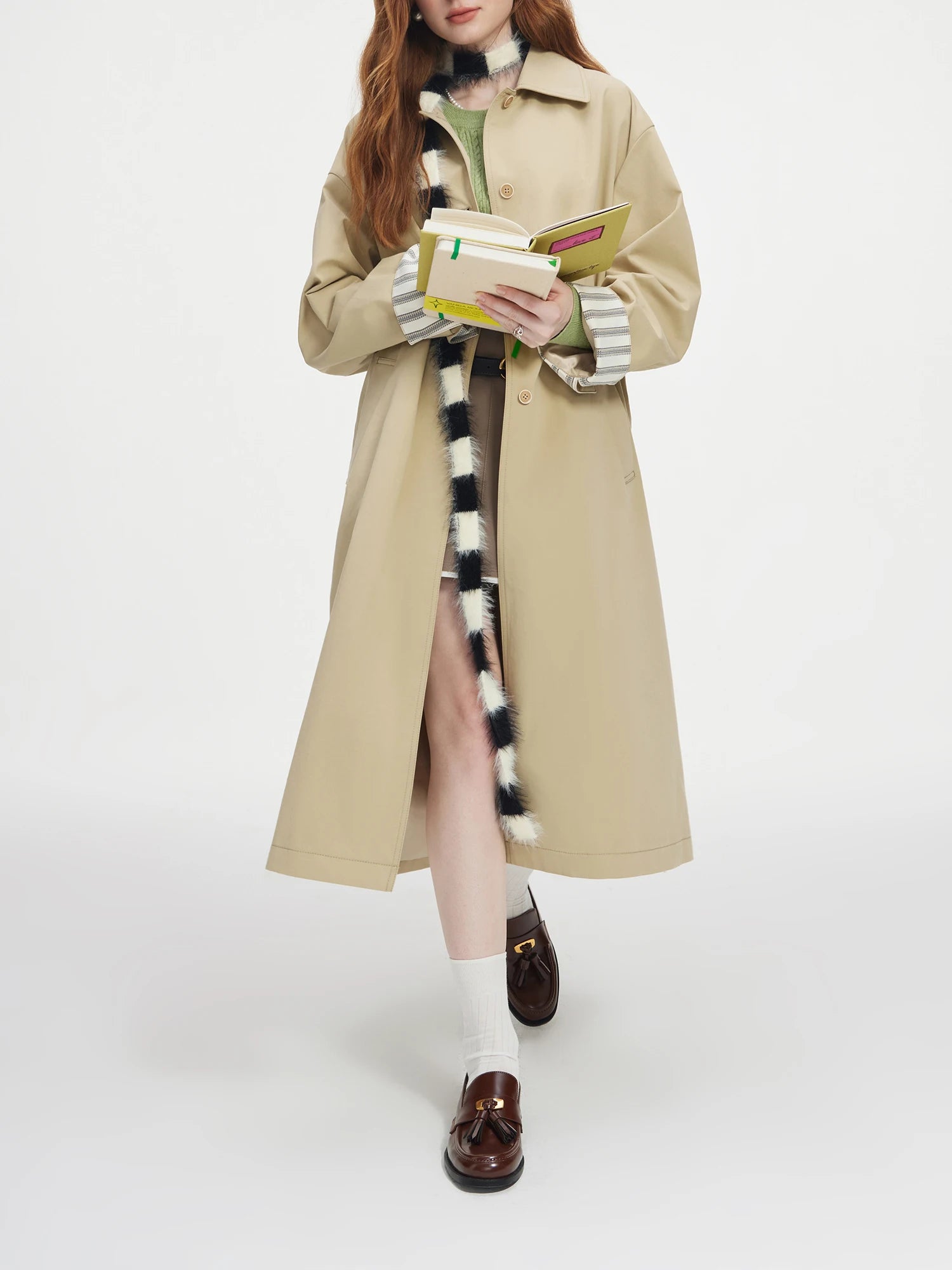 FSLE Single Breasted Trench Coat for Women 2024 New Korean Version Design Sense Contrasting Color Medium Long Jacket 24FS13181