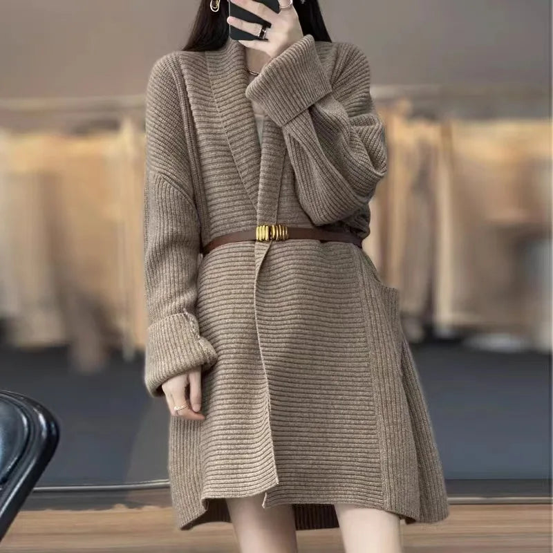 New Fashion Women's Knitted Solid Color Sweater Jacket with Pocket Lapel Cardigan Long Sleeve Casual Top