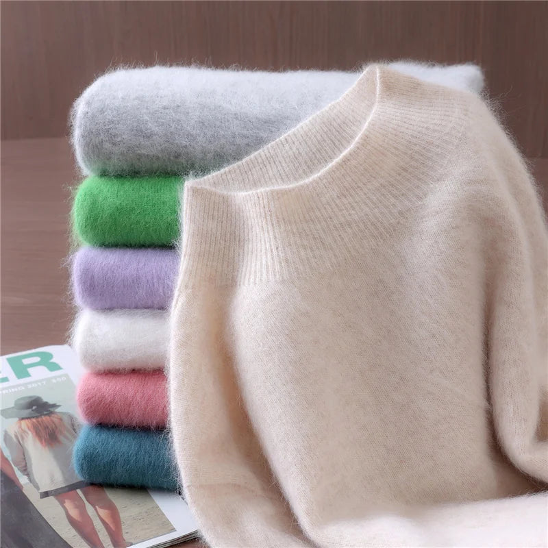 Basic Women Clothes Autumn Winter Sweater Pullover 100% Mink Cashmere Sweater Half High Collar Female Pullover Warm Comfort Knit