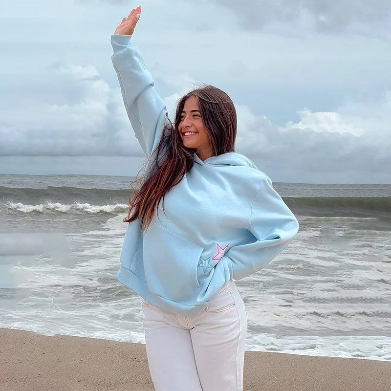 Women's Fleece-Lined Hoodie with Solid Color Star Print, Kangaroo Pocket, and Drawstring