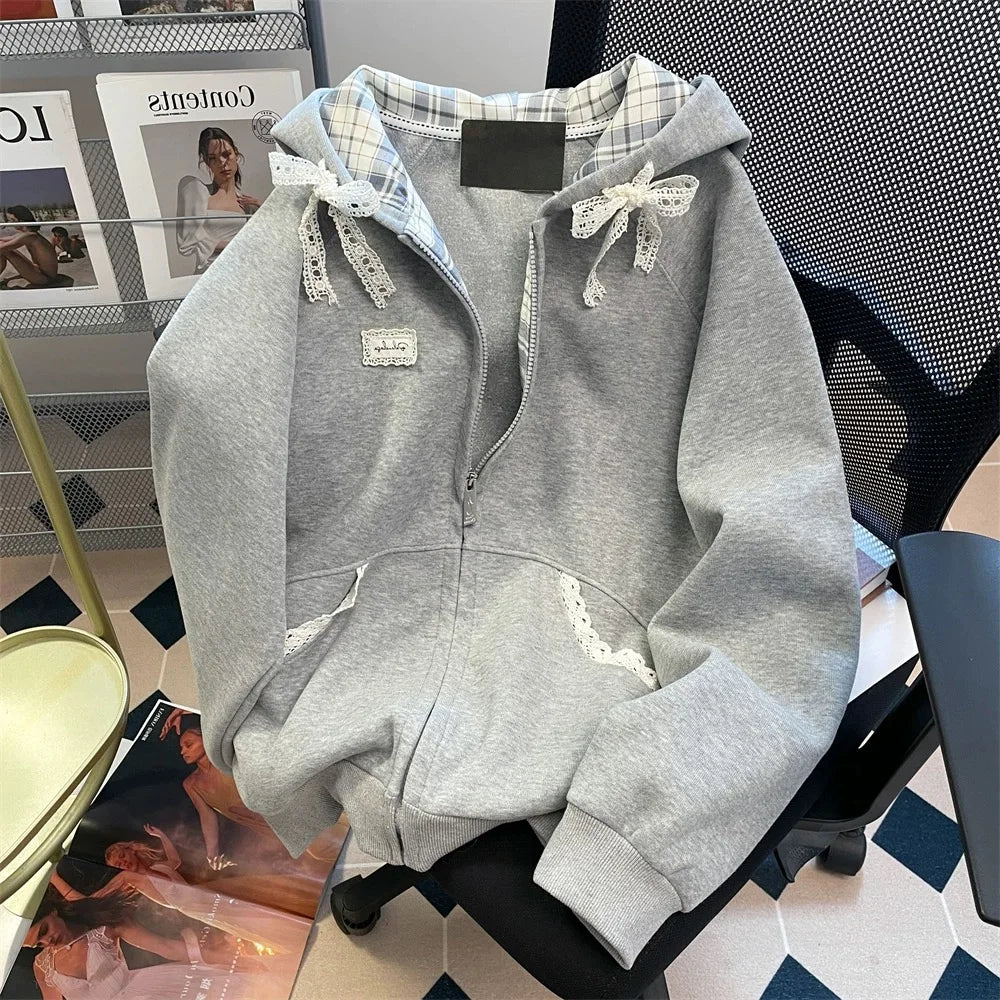 Fall Lace Patchwork Hoodies Women Kawaii Bow Long Sleeve Sweatshirt Preppy Style Sweet Loose Long Sleeve Gray Streetwear Jacket