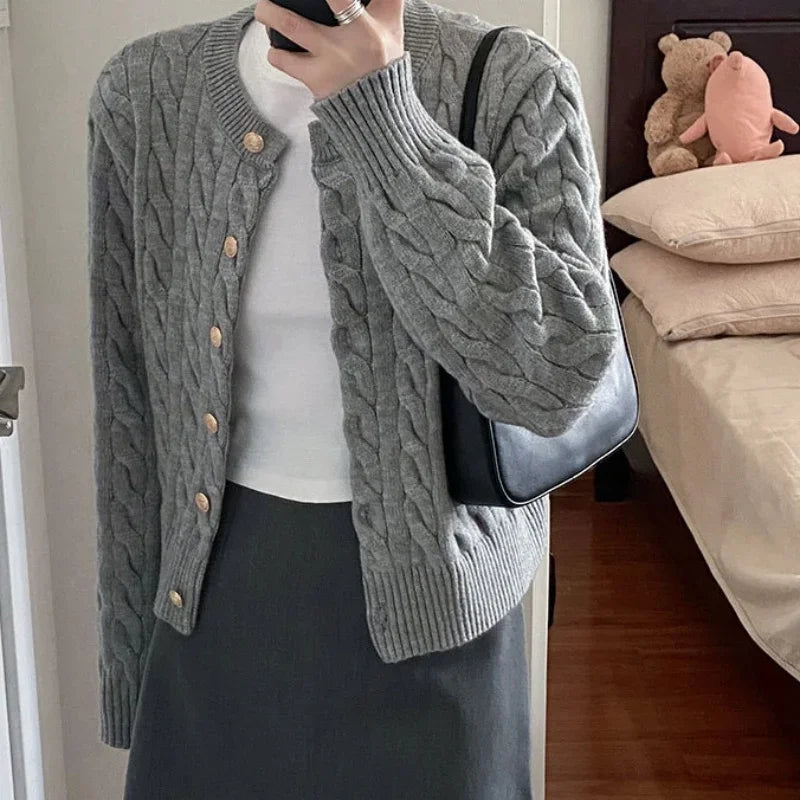 2025 Vintage Long Sleeve Cardigan Women Sweater O-neck Elegant Knitted Top Fashion Autumn Grey Knitwear