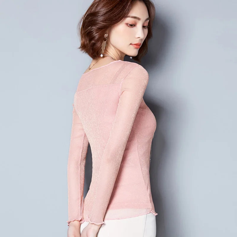 2025 Glitter Mesh Blouse Sexy Womens Shirts Long Sleeve Tops Korean Black Pink O-Neck Elegant Slim Blouse Camisas Femininas