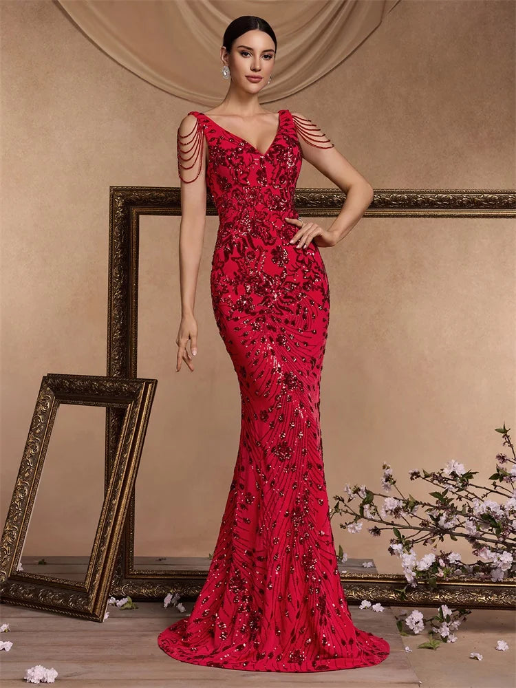 Elegant Deep V-Neck Red Sequin Formal Evening Dresses Women 2024 Beading Wedding Party Mermaid Cocktail Prom Gown