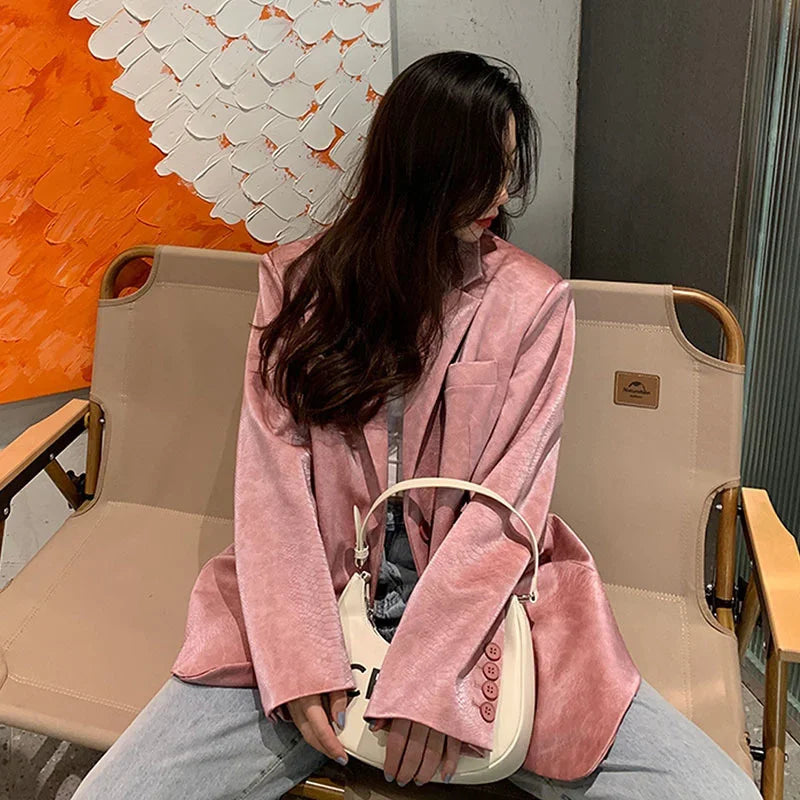 Korean Pink Croc-print Faux Pu Leather Women Casual Suit Jackets Loose Long Sleeve Autumn Female Blazers Jacket Coat Streetwear