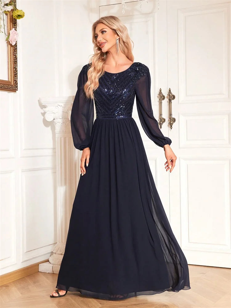 Luxury Arabia Long Sleeve Sequins Evening Dress Women 2025 Female Guests Wedding Party Prom Blue Cocktail Dresses