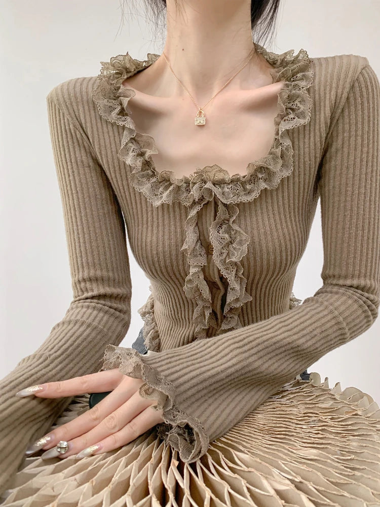 2025 Square Collar Lace Edge Splicing Long Sleeve Knitted Sweater Women's Retro Short Style Slim Tops Single-breasted Cardigan