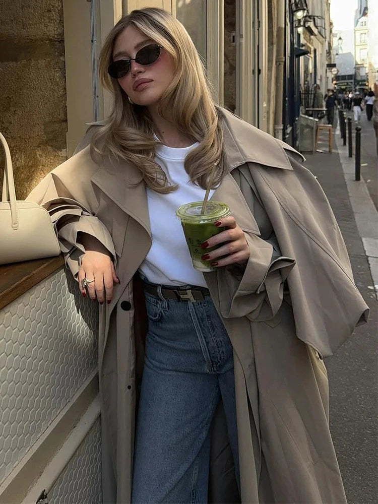 Women Lace Up Shawl Sleeve Windbreaker Fashion Solid Lapel Single Breasted Loose Trench Coat 2025 Autumn Lady Commuter Outwear