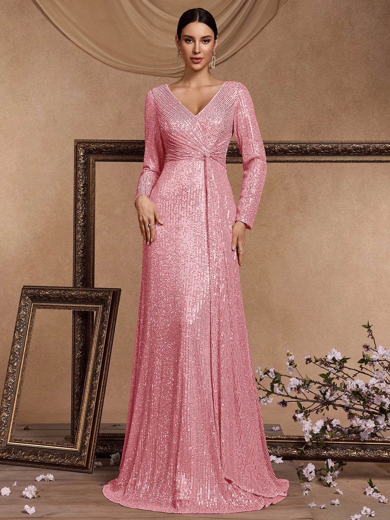 Luxury Pink Floor Length V-Neck Evening Dresses Women Elegant Party Maxi Dress Sequin Long Sleeves Prom Cocktail Dress Gowns