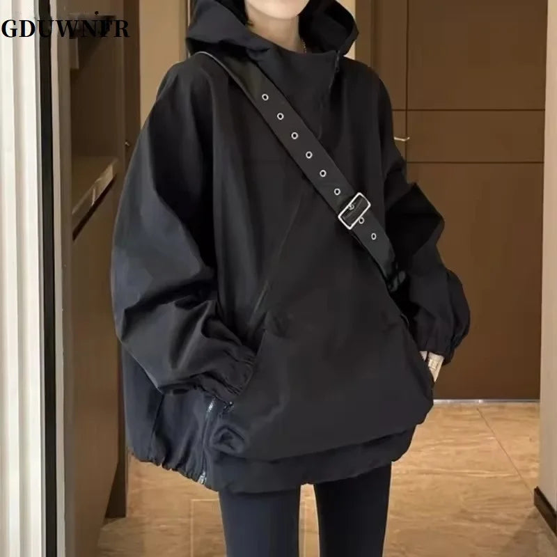 Fashion Women Hooded Jackets Diagonal Zipper Design Vintage Autumn Baggy BF Outdoor Leisure All-match Chaqueta Mujer