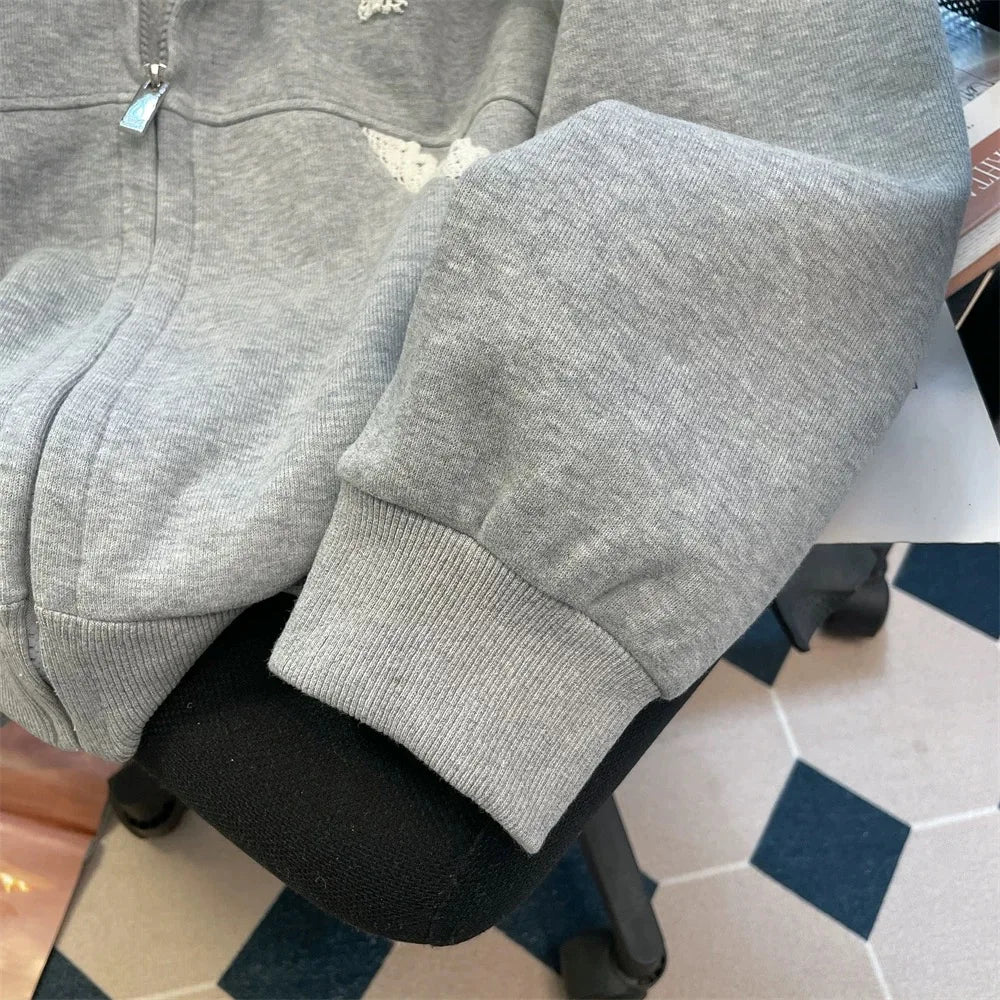 Fall Lace Patchwork Hoodies Women Kawaii Bow Long Sleeve Sweatshirt Preppy Style Sweet Loose Long Sleeve Gray Streetwear Jacket