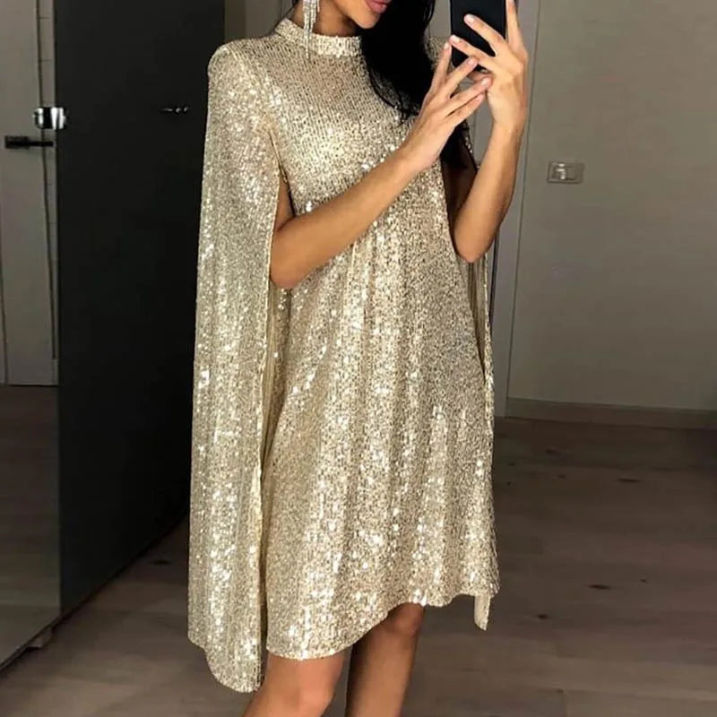 Sexy Party Sequin Glitter Dress For Women O Neck Sequins Cloak Sleeves Dresses Elegant Woman Dress 2025