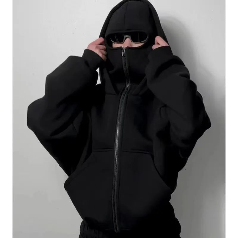 Balaclava Men Zip Hoodie Winter Warm Casual Sweatshirt Y2K with Hooded Face Mask Zipper Design Sports Jacket Outdoor Activities