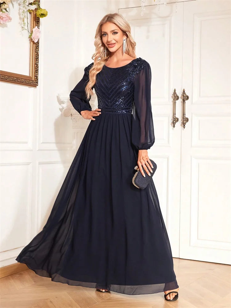 Luxury Arabia Long Sleeve Sequins Evening Dress Women 2025 Female Guests Wedding Party Prom Blue Cocktail Dresses