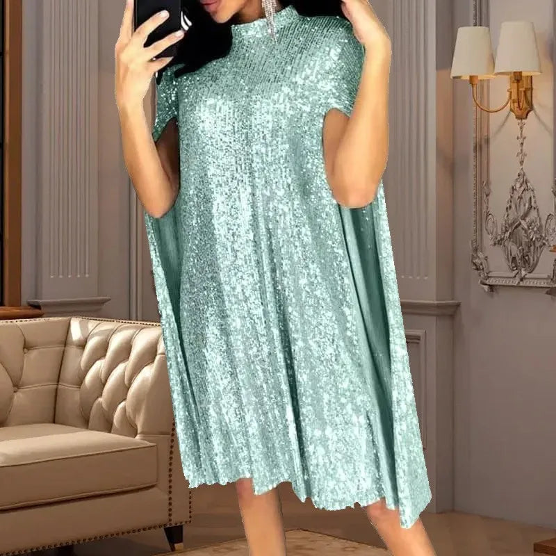 Sexy Party Sequin Glitter Dress For Women O Neck Sequins Cloak Sleeves Dresses Elegant Woman Dress 2025