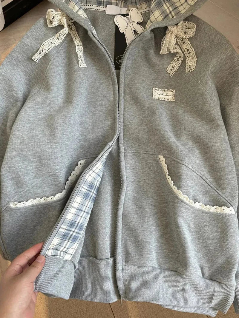 Fall Lace Patchwork Hoodies Women Kawaii Bow Long Sleeve Sweatshirt Preppy Style Sweet Loose Long Sleeve Gray Streetwear Jacket
