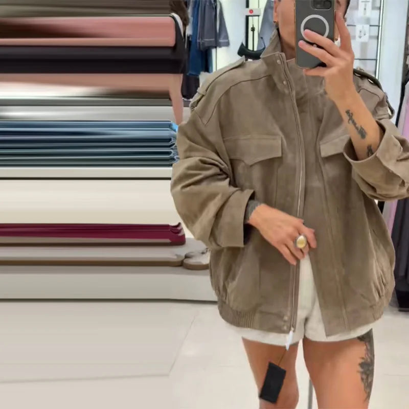 Fashionable Loose Suede Short Jacket For Women Casual Turn-Down Collar Zipper Pockets Coats 2025 Autumn Lady Loose Streetwear