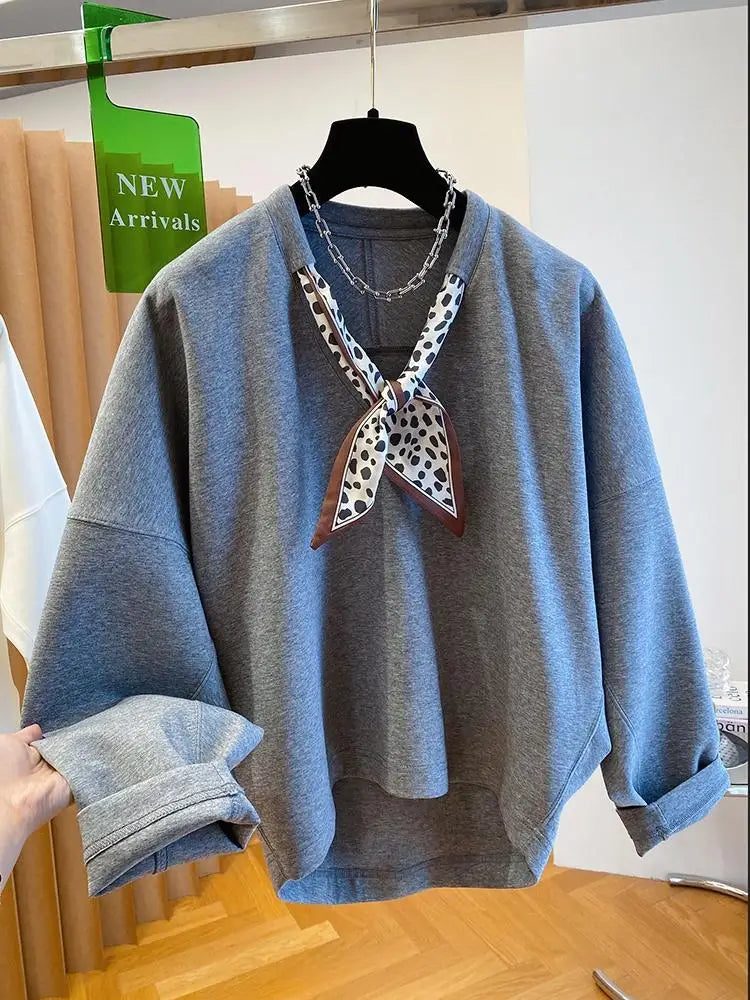 Women's Solid Color Sweatshirt with Scarf V-Neck Long Sleeve Pullover Tops Loose Casual Hoodie Woman Clothing