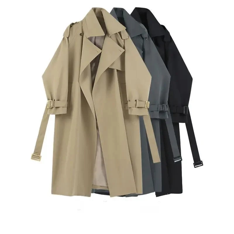 Fashion Trench Jackets Long Pattern Female Solid Color Coat Classic Lapel Long Sleeve with Belt Spring Autumn Casual Street Wear