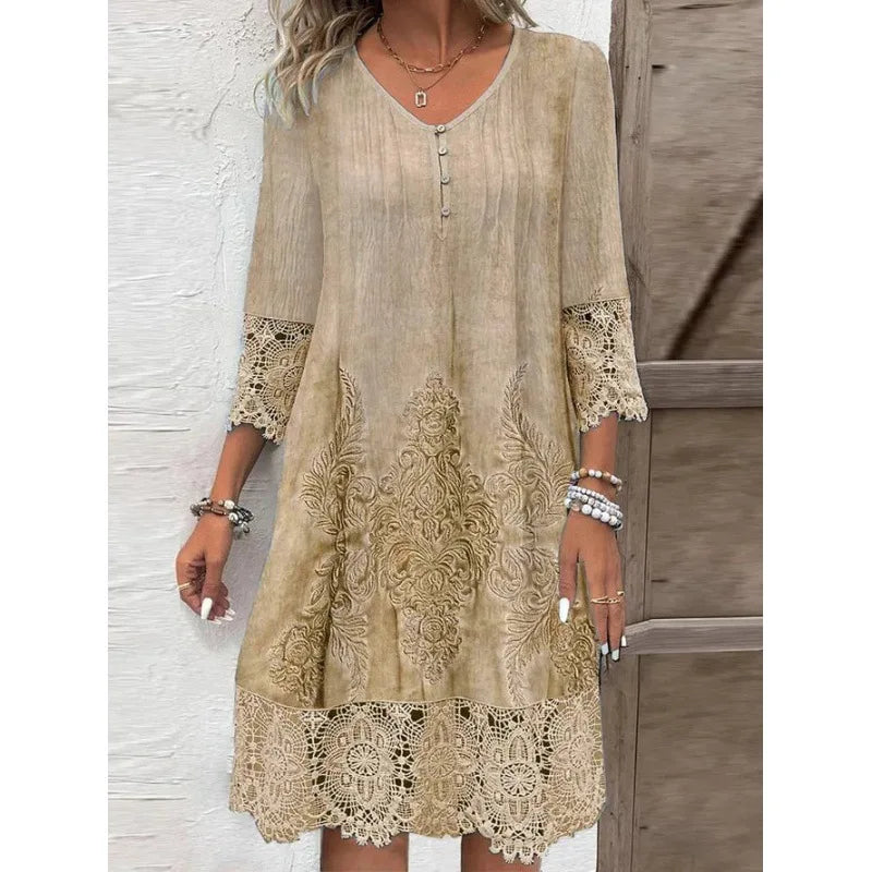 Vintage Solid Color Lace Dress Women Spring Summer Fashion V-neck Button Loose Casual Dresses Female 2025 Holiday Robe Femme