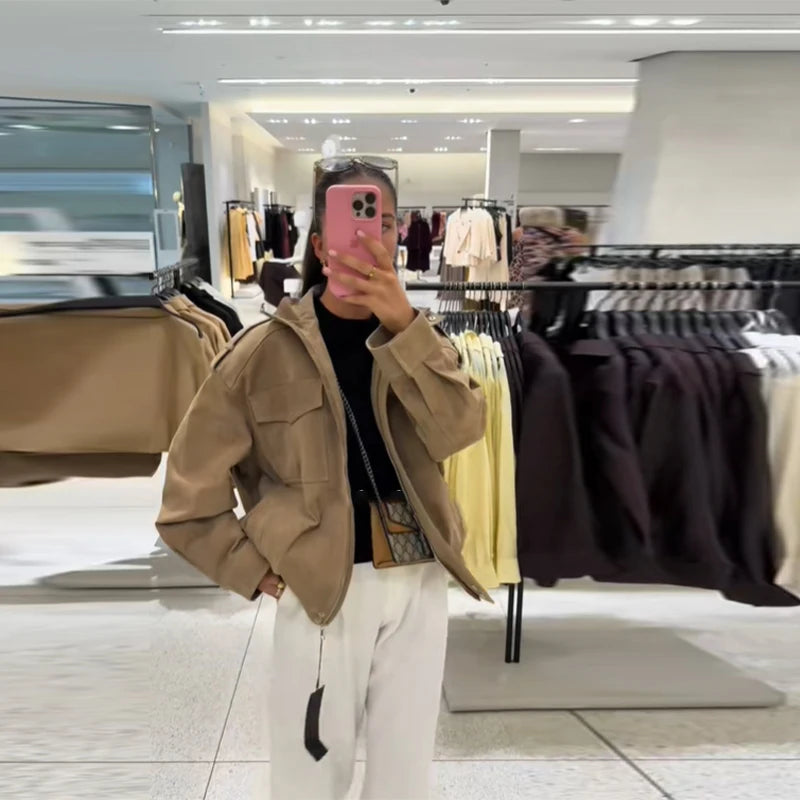 Fashionable Loose Suede Short Jacket For Women Casual Turn-Down Collar Zipper Pockets Coats 2025 Autumn Lady Loose Streetwear