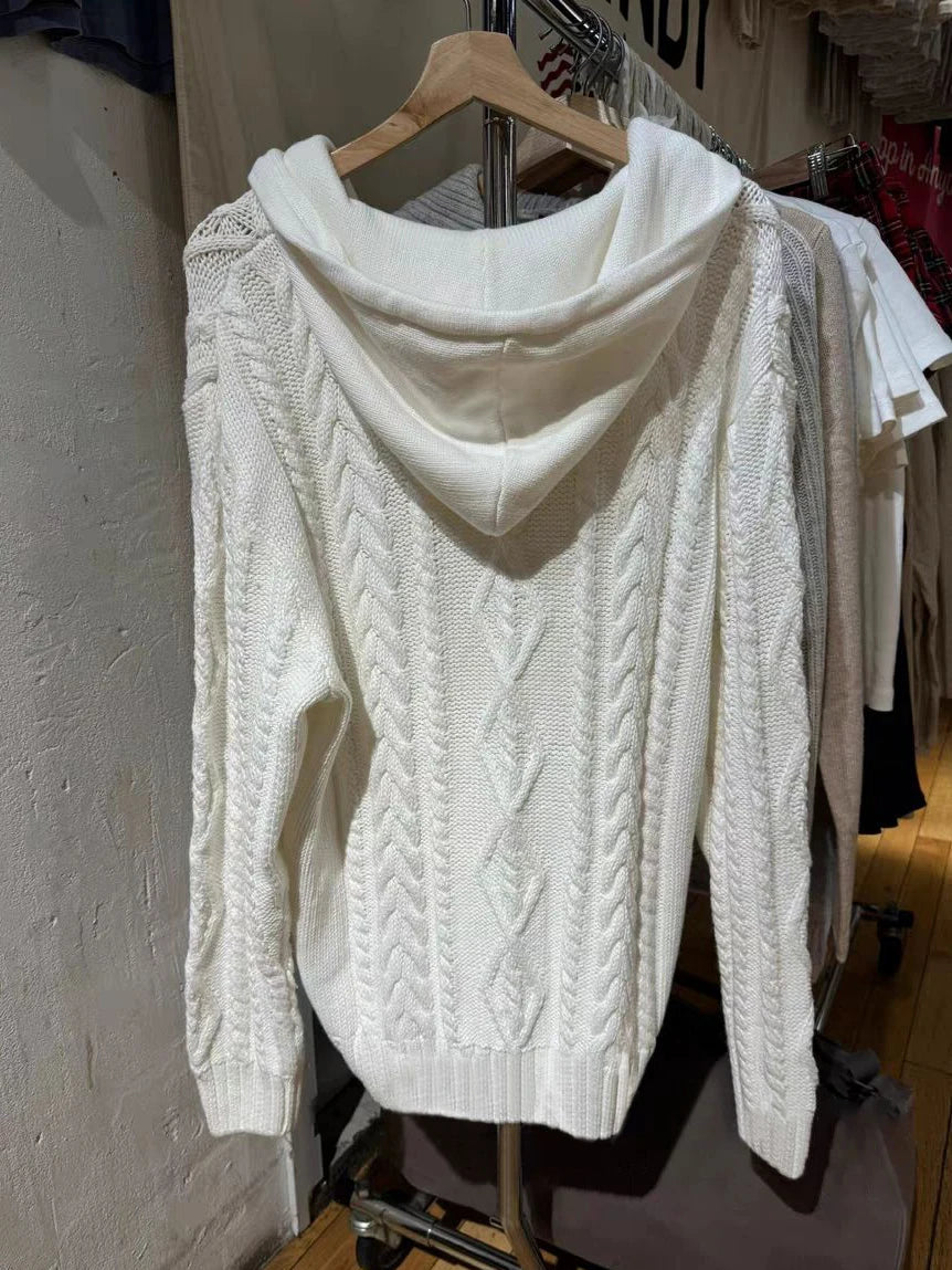 Twisted Flower Pockets Knit Sweater Cardigan Women Winter Long Sleeve Hooded Zip-up Hoodie Solid Simple Sweaters Coat Y2K Tops