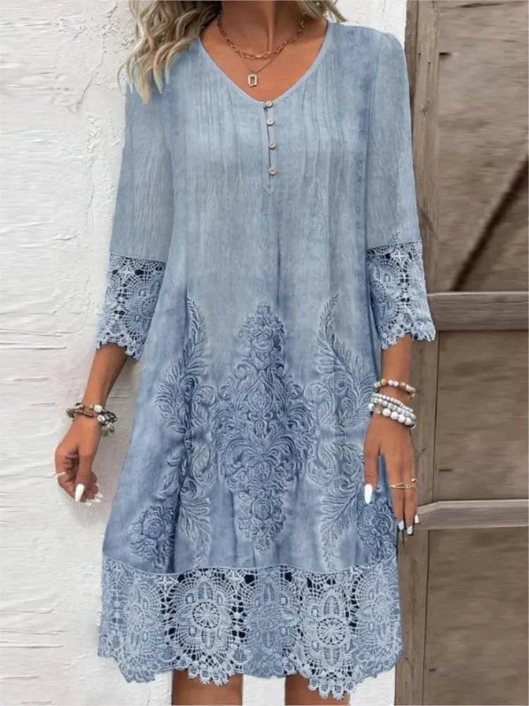 Vintage Solid Color Lace Dress Women Spring Summer Fashion V-neck Button Loose Casual Dresses Female 2025 Holiday Robe Femme
