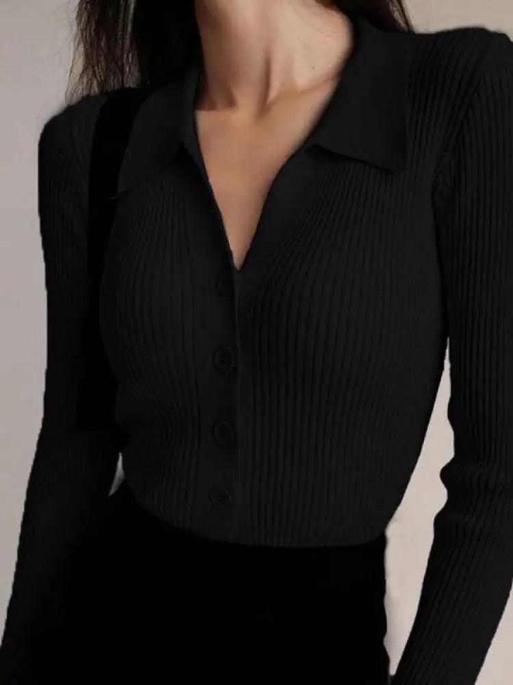 2025 Women Lapel Slim Tops Ladies Buttons Sexy V Neck Long Sleeve POLO Neck Knit Cardigan Sweater