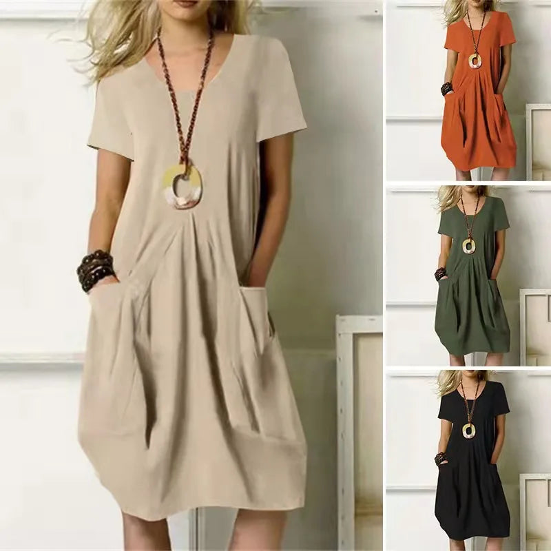 Women Solid Casual Loose Dress Summer O-Neck Short Sleeve Pocket Daily Street Wear Dresses Fashion Lady Midi Dress
