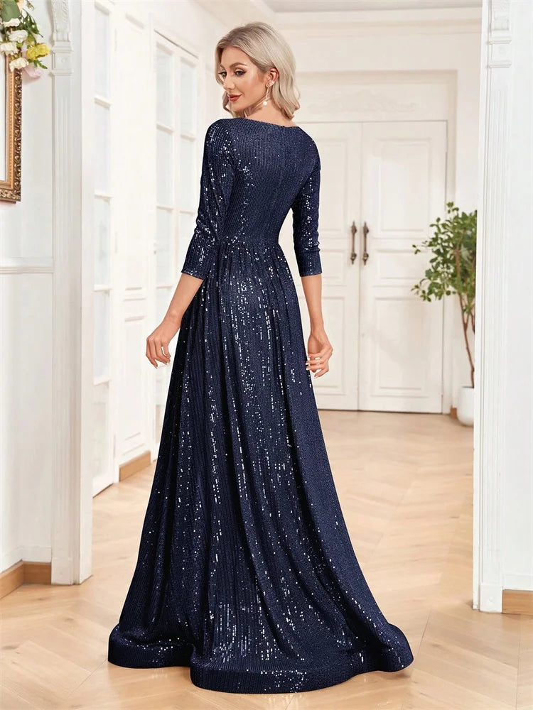 Luxury V Neck Long Sleeves Navy Blue Sequins Formal Evening Dresses Women 2025 Wedding Party Prom Maxi Cocktail Dress Gowns